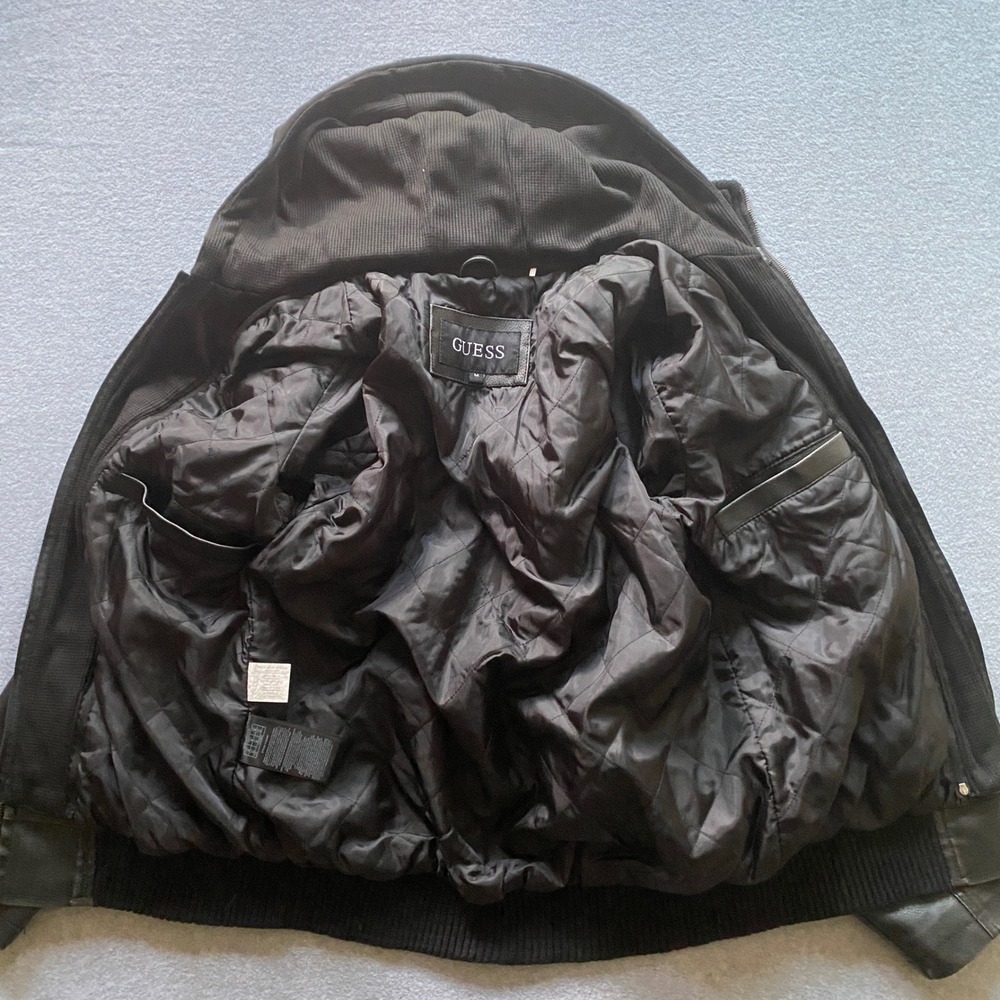 Guess Mens Faux Brown Leather Bomber Jacket Black Hooded Bib Layered Coat Medium - Picture 6 of 9